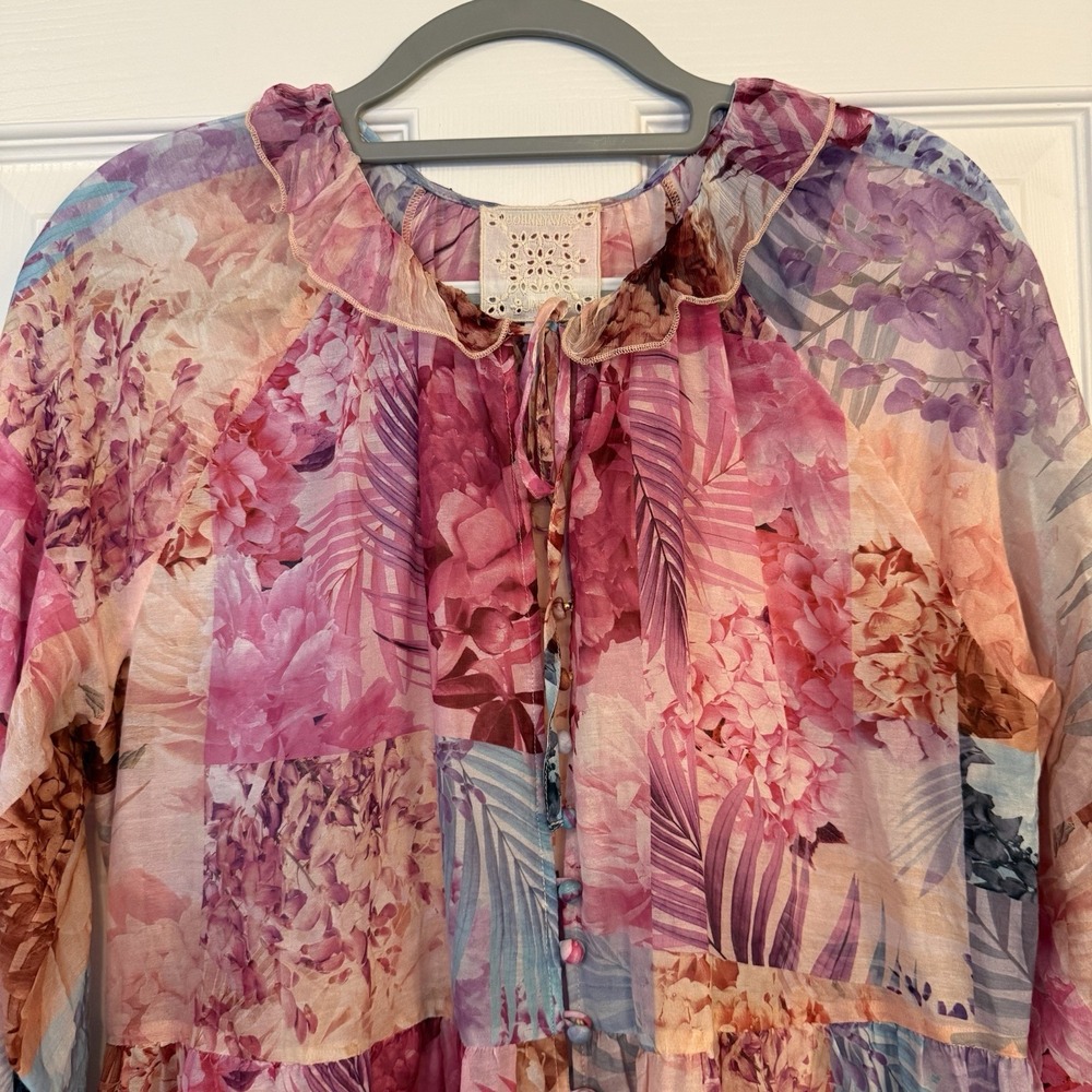Johnny Was Silk Blend Dress MED Mini Pink Floral Semi-sheer Ruffle Patchwork EUC - Picture 4 of 16